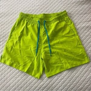 Bright Lime Neon Green Shorts with Teal drawstring, 5.5 inch inseam